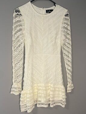 Lulus White Lace Long Sleeve Ruffle Hem Dress Call You Over Women’s XS Cutesy